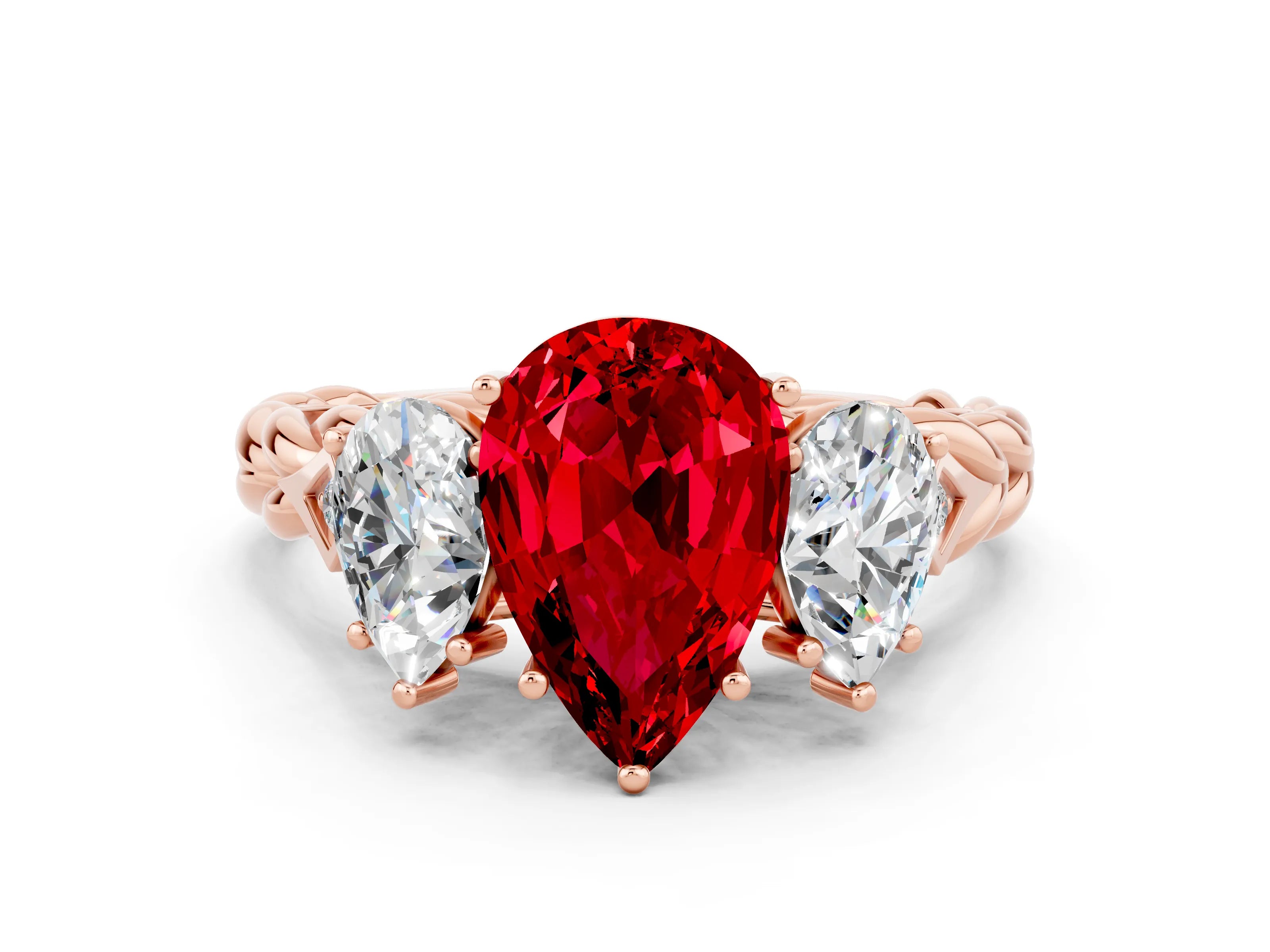 Rose gold Three-Stone Pear Cut Ruby Braided Band Ring with Four-Prong Setting_12