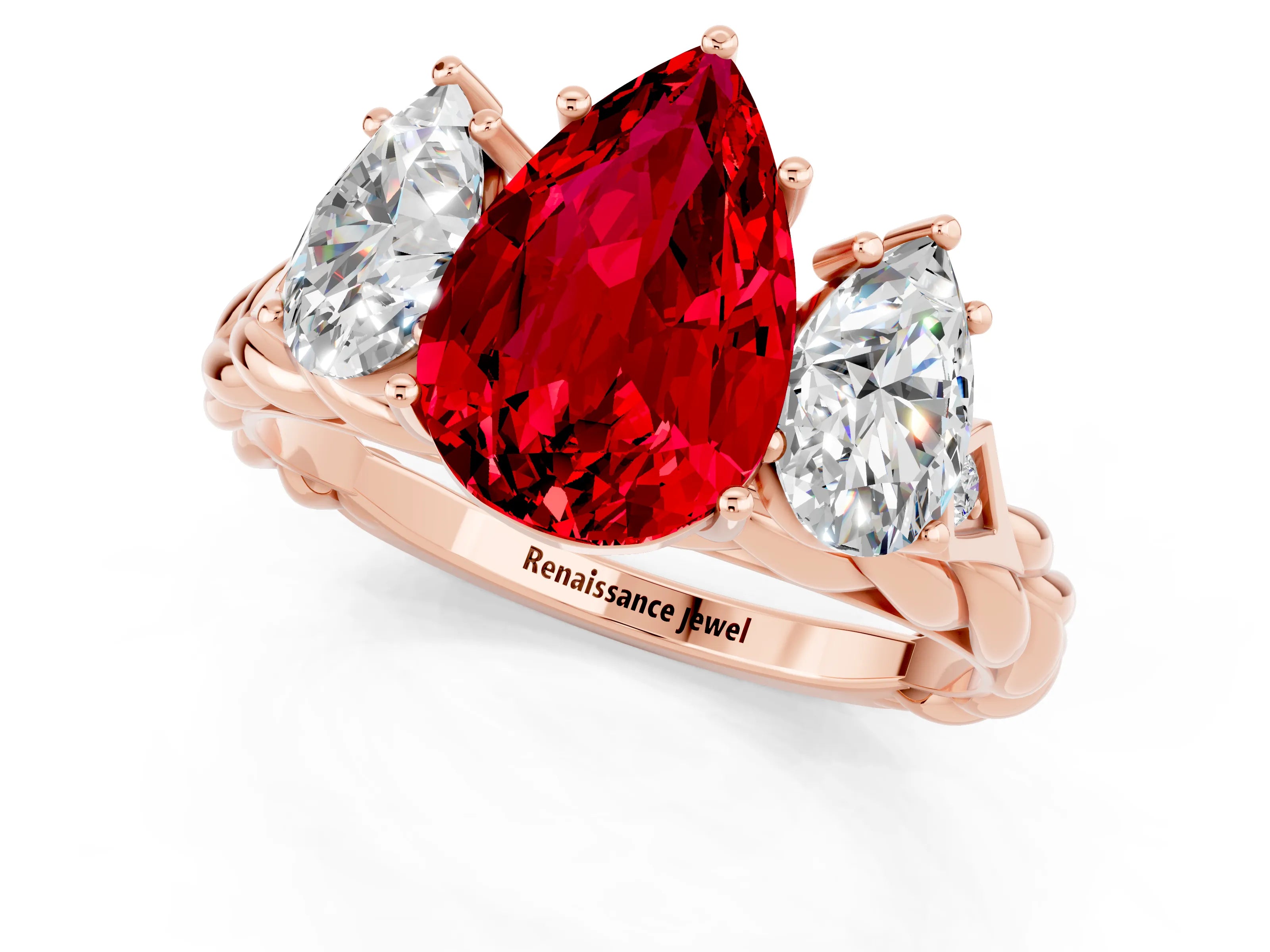 Rose gold Three-Stone Pear Cut Ruby Braided Band Ring with Four-Prong Setting_13