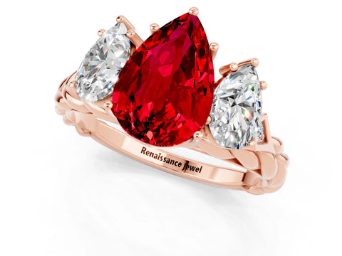 Rose gold Three-Stone Pear Cut Ruby Braided Band Ring with Four-Prong Setting_13