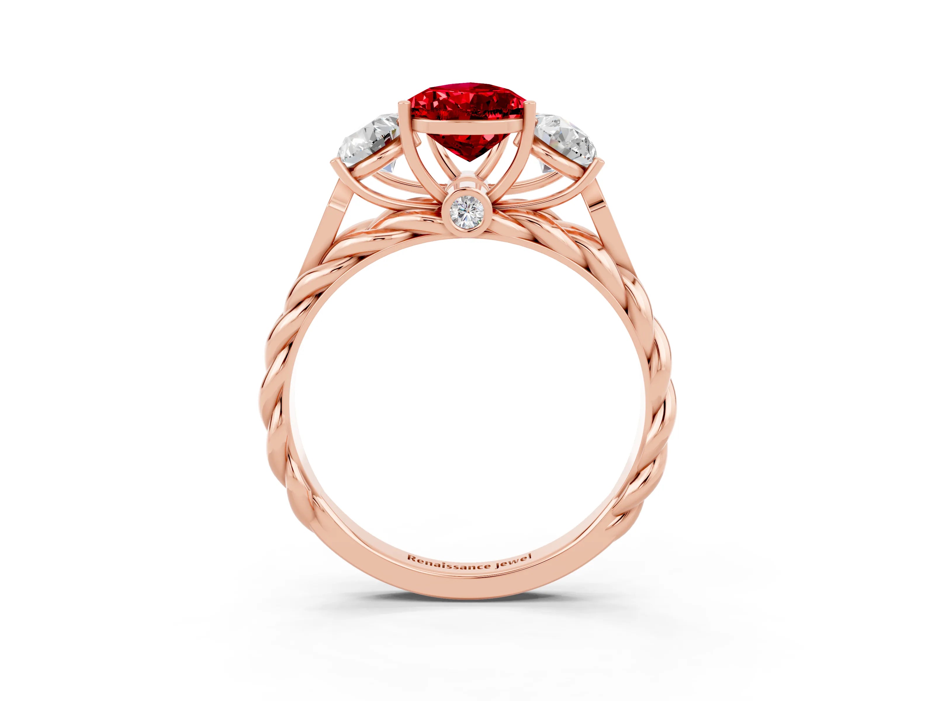 Rose gold Three-Stone Pear Cut Ruby Braided Band Ring with Four-Prong Setting_15