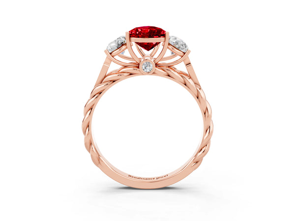 Rose gold Three-Stone Pear Cut Ruby Braided Band Ring with Four-Prong Setting
