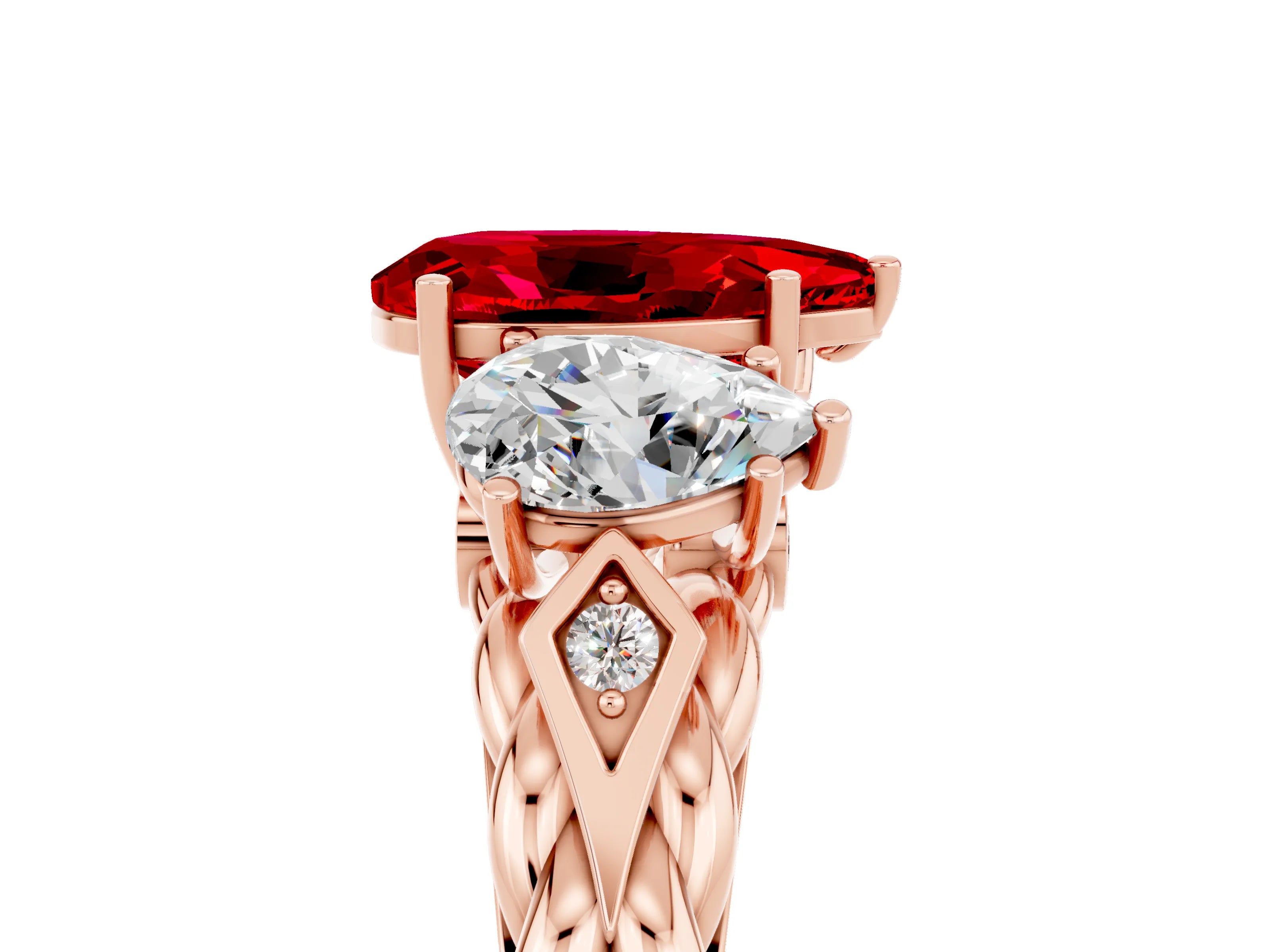 Rose gold Three-Stone Pear Cut Ruby Braided Band Ring with Four-Prong Setting_17