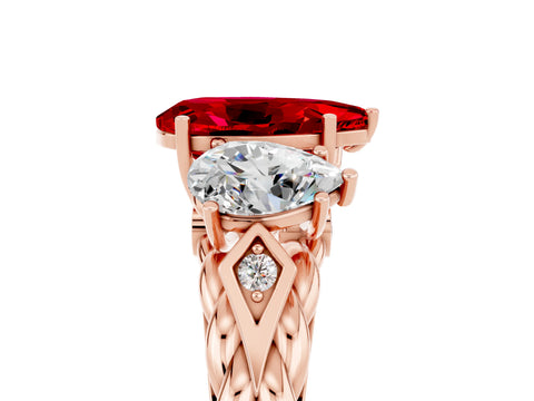 Rose gold Three-Stone Pear Cut Ruby Braided Band Ring with Four-Prong Setting_17
