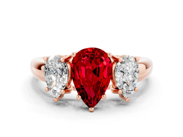 Rose gold Three-Stone Pear Cut Ruby Engagement Ring with Prong Setting