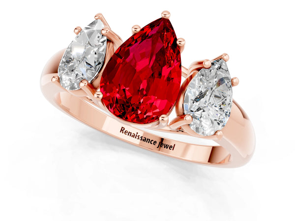 Rose gold Three-Stone Pear Cut Ruby Engagement Ring with Prong Setting
