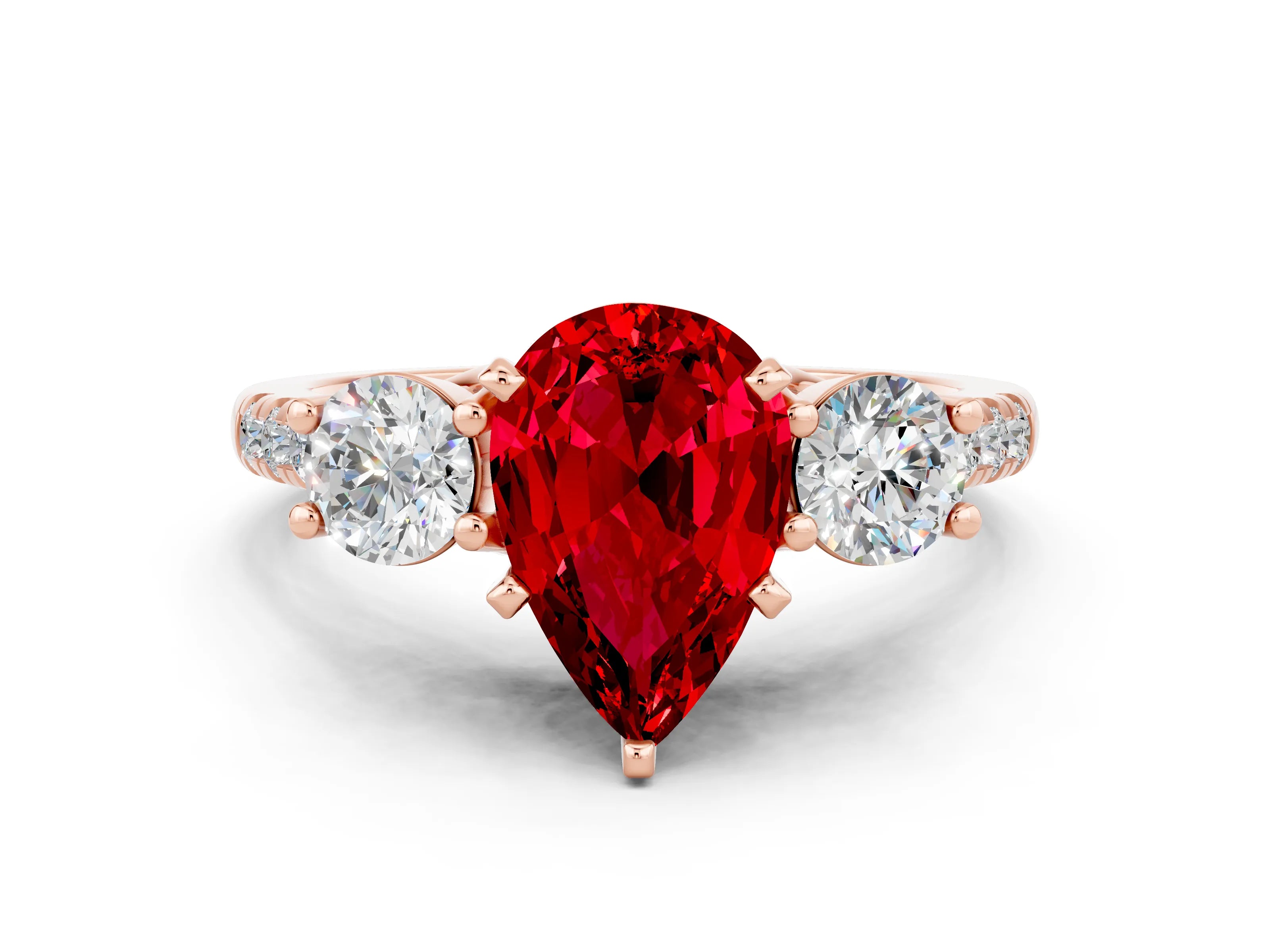 Rose gold Three-Stone Pear Cut Ruby Pavé Band with Four-Prong Setting