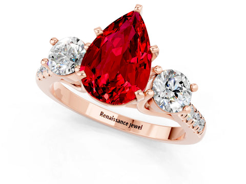 Rose gold Three-Stone Pear Cut Ruby Pavé Band with Four-Prong Setting_1