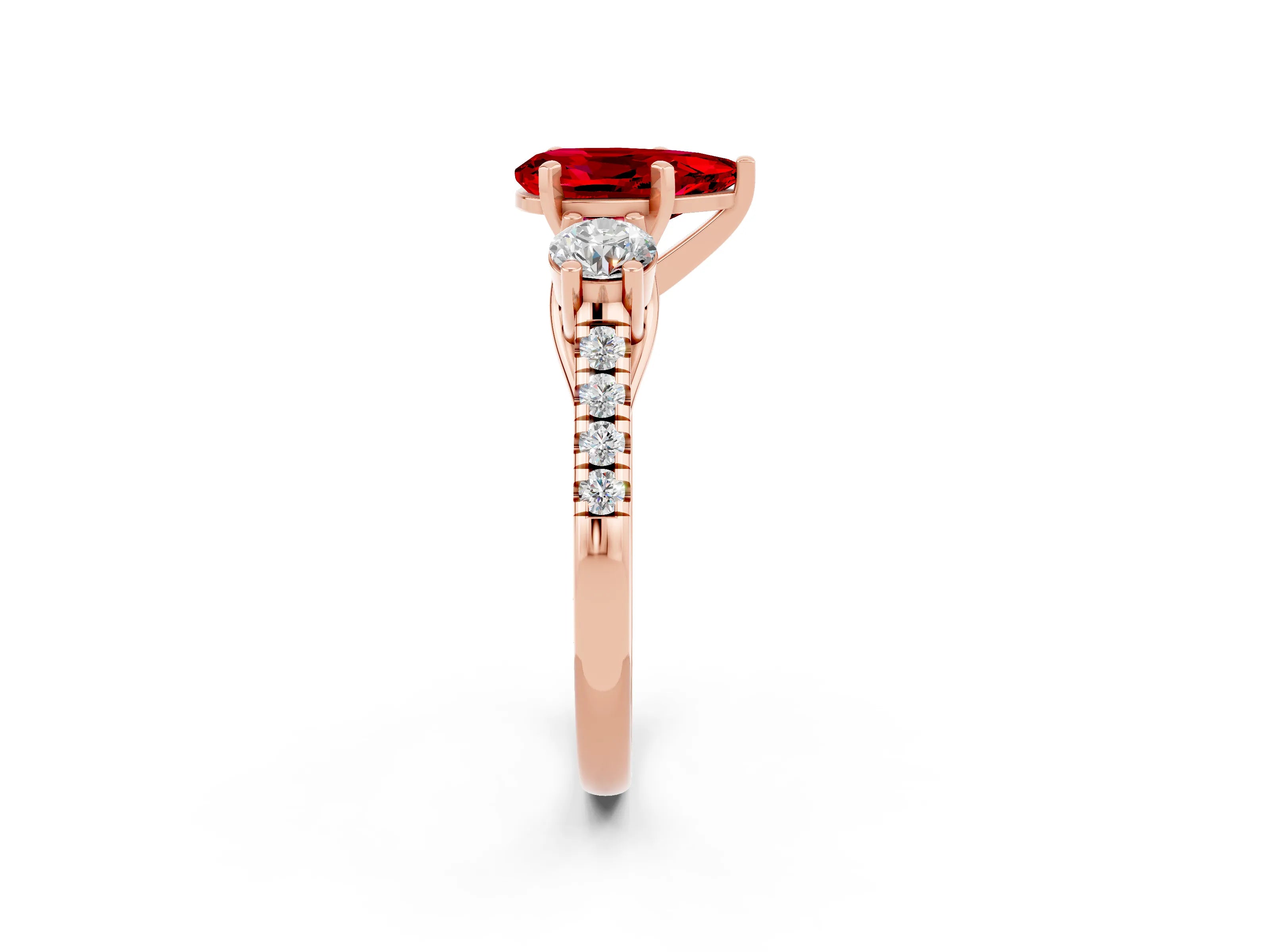 Rose gold Three-Stone Pear Cut Ruby Pavé Band with Four-Prong Setting_2