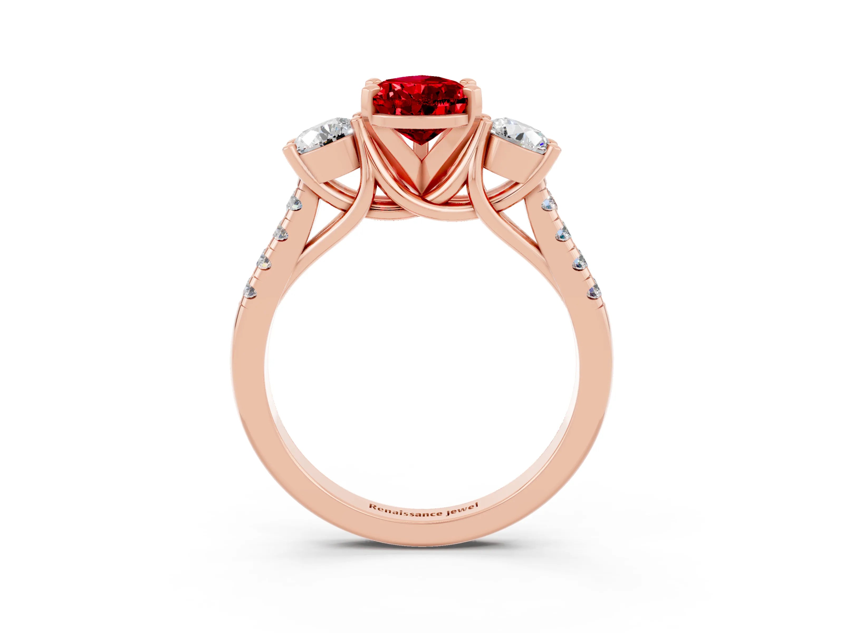 Rose gold Three-Stone Pear Cut Ruby Pavé Band with Four-Prong Setting_3