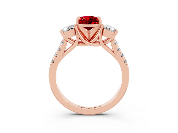 Rose gold Three-Stone Pear Cut Ruby Pavé Band with Four-Prong Setting