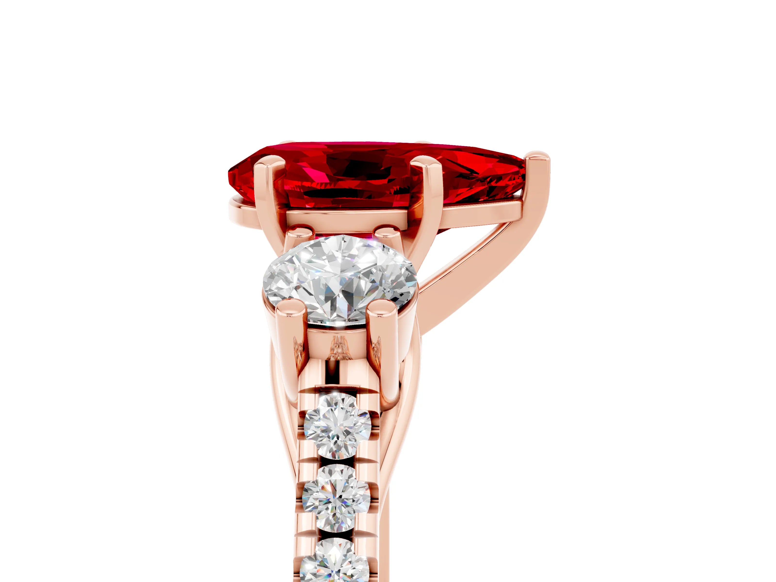Rose gold Three-Stone Pear Cut Ruby Pavé Band with Four-Prong Setting_5