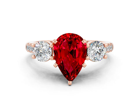 Rose gold Three-Stone Pear Cut Ruby Pavé Band with Four-Prong Setting