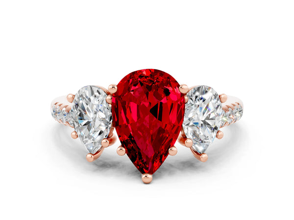 Rose gold Three-Stone Pear Cut Ruby Ring with Round  Pavé Band and Prong Setting