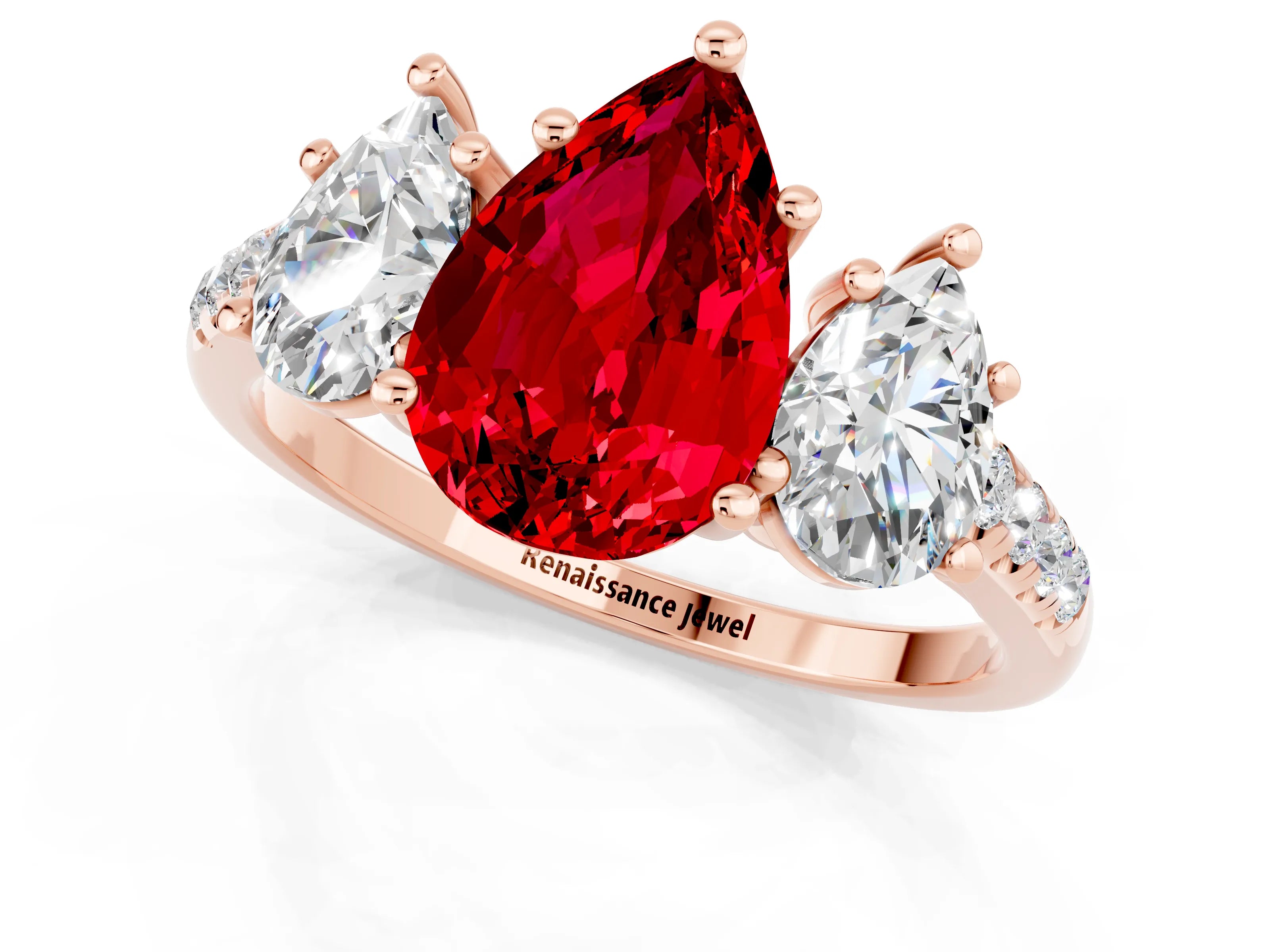 Rose gold Three-Stone Pear Cut Ruby Ring with Pavé Band and Prong Setting_13