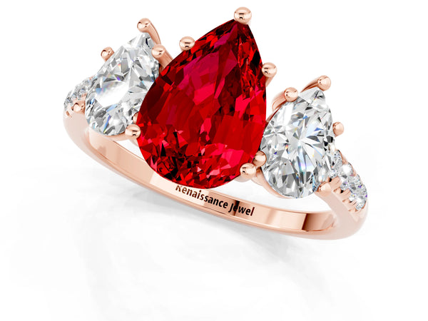 Rose gold Three-Stone Pear Cut Ruby Ring with Round  Pavé Band and Prong Setting