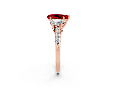 Rose gold Three-Stone Pear Cut Ruby Ring with Pavé Band and Prong Setting_14