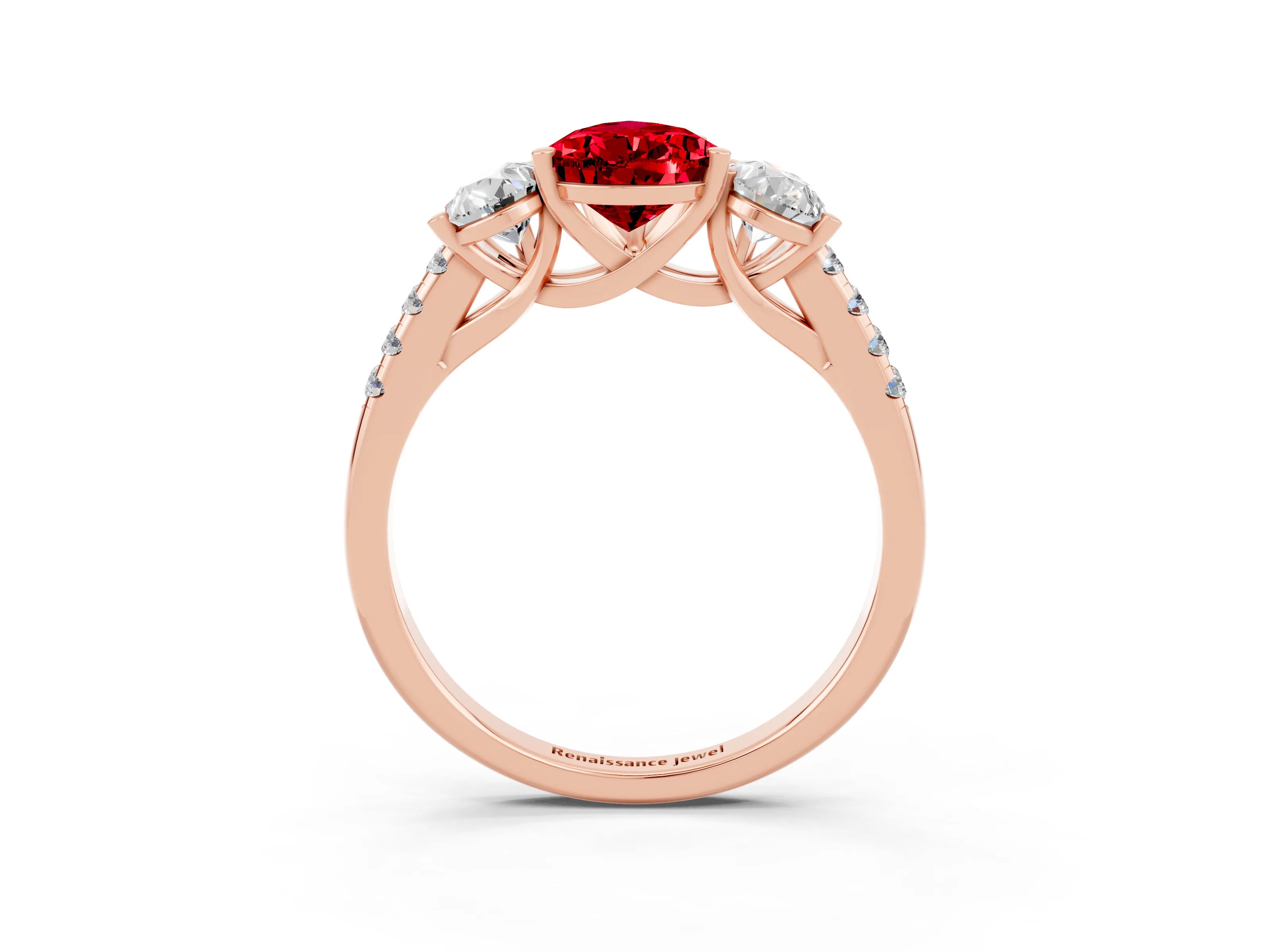 Rose gold Three-Stone Pear Cut Ruby Ring with Pavé Band and Prong Setting_15