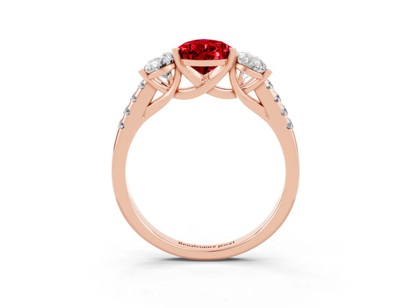Rose gold Three-Stone Pear Cut Ruby Ring with Round  Pavé Band and Prong Setting