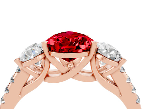 Rose gold Three-Stone Pear Cut Ruby Ring with Pavé Band and Prong Setting_16