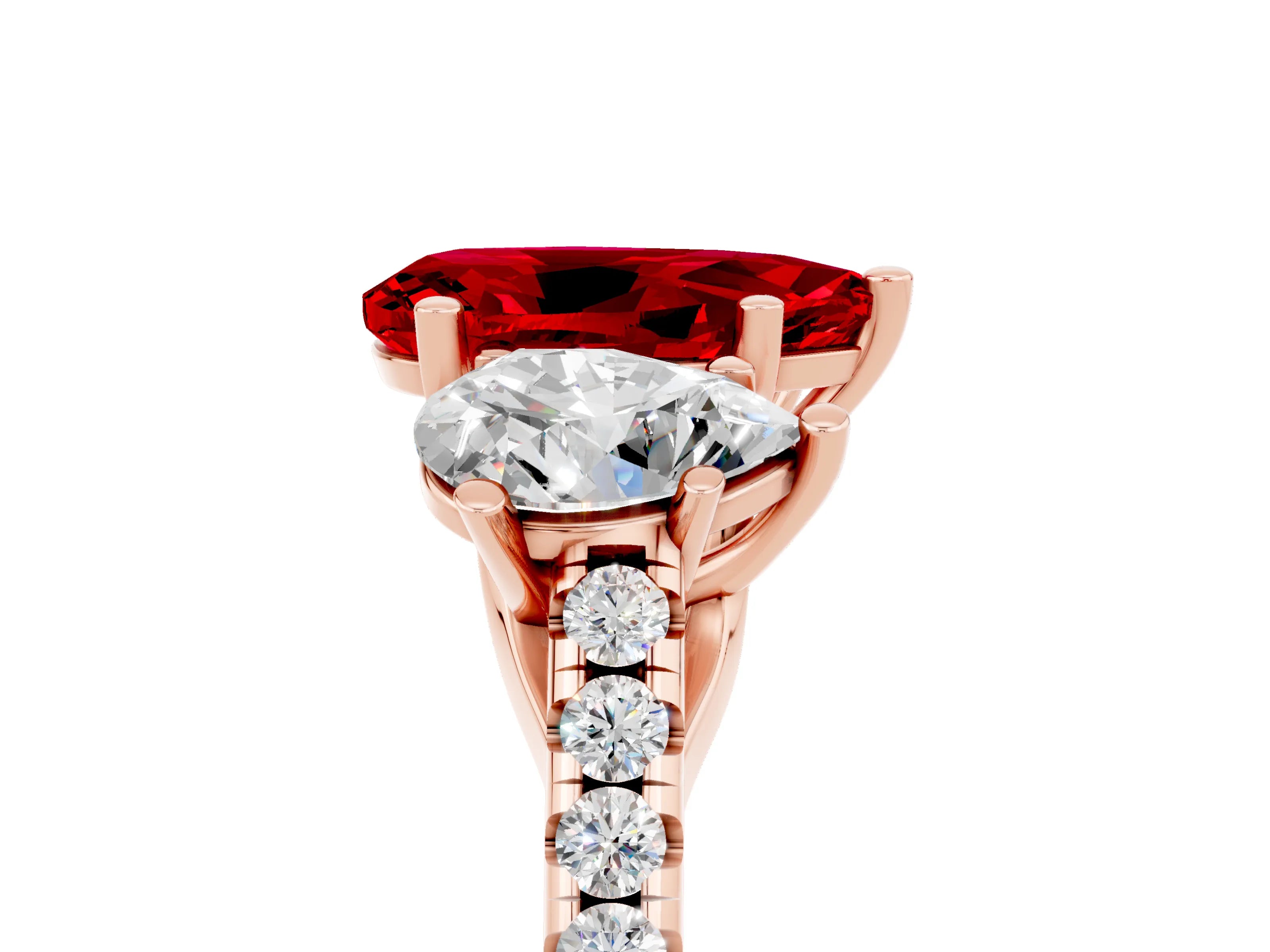 Rose gold Three-Stone Pear Cut Ruby Ring with Pavé Band and Prong Setting_17