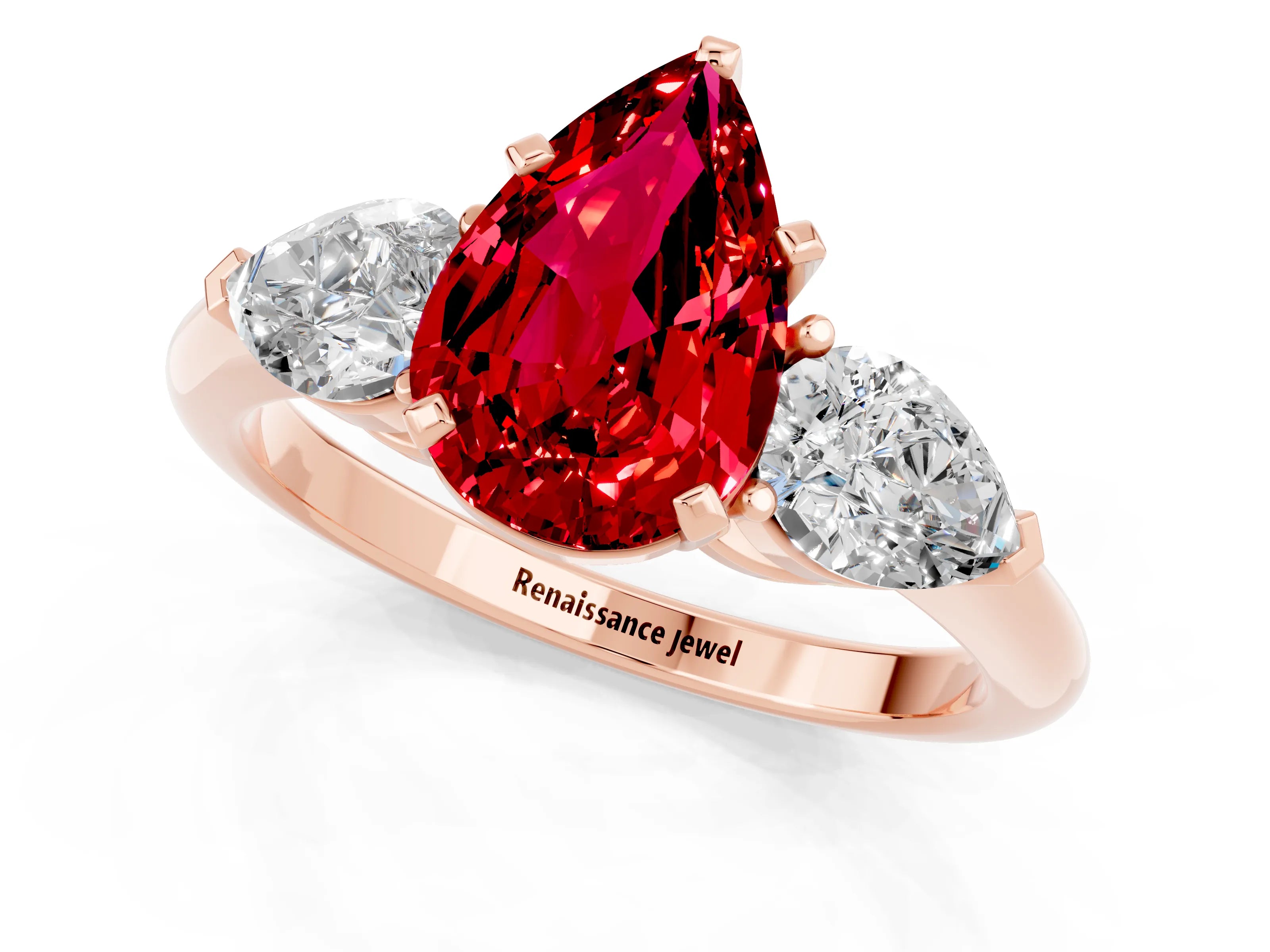 Rose gold Three-Stone Pear Cut Ruby Ring with Pear Side Stones and Four-Prong Setting_1
