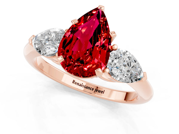 Rose gold Three-Stone Pear Cut Ruby Ring with Pear Side Stones and Four-Prong Setting