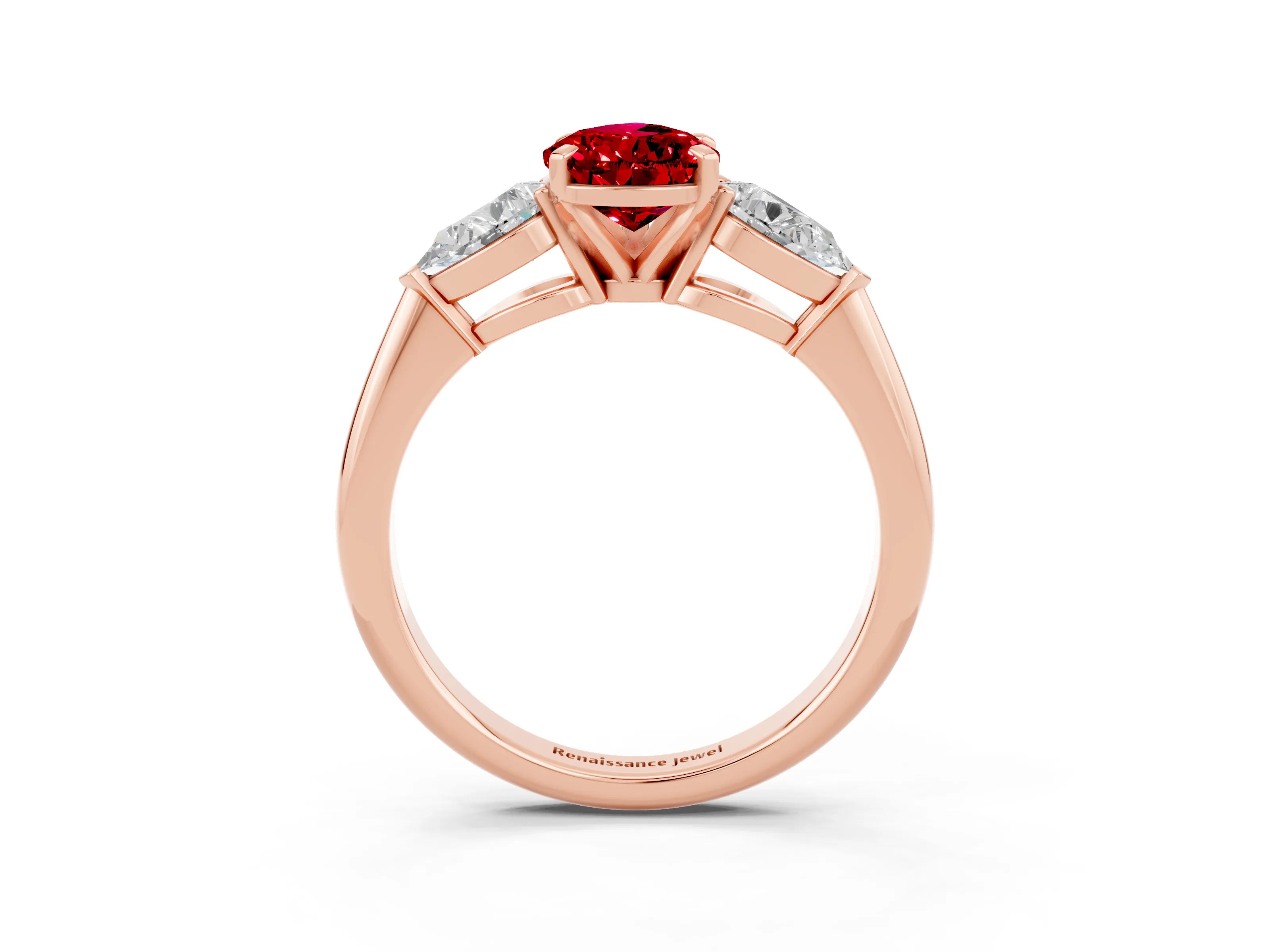 Rose gold Three-Stone Pear Cut Ruby Ring with Pear Side Stones and Four-Prong Setting_3