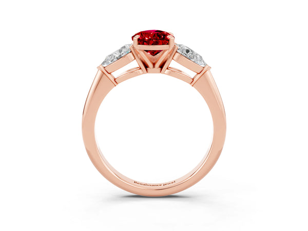 Rose gold Three-Stone Pear Cut Ruby Ring with Pear Side Stones and Four-Prong Setting