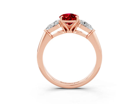 Rose gold Three-Stone Pear Cut Ruby Ring with Pear Side Stones and Four-Prong Setting_3