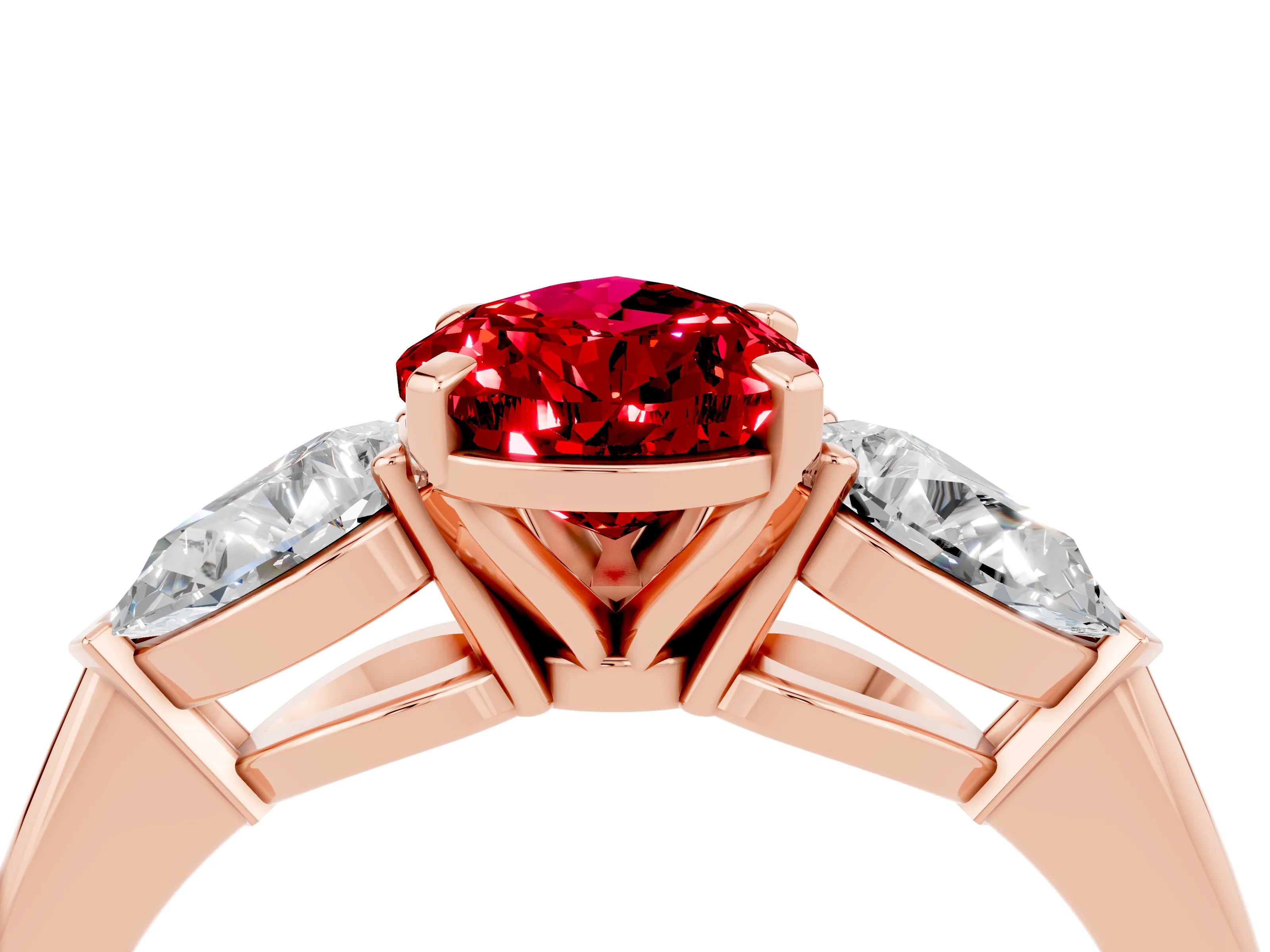Rose gold Three-Stone Pear Cut Ruby Ring with Pear Side Stones and Four-Prong Setting_4