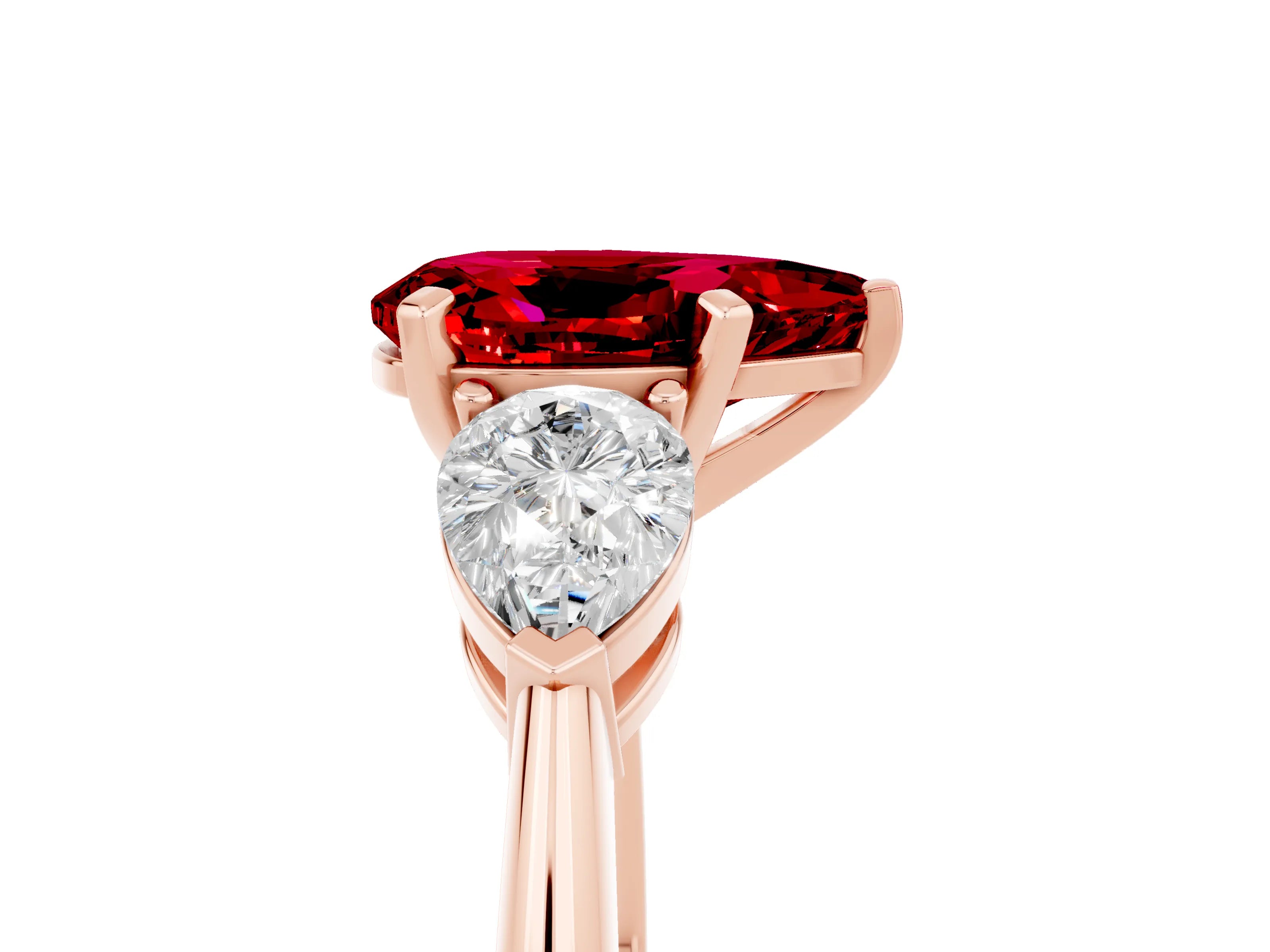 Rose gold Three-Stone Pear Cut Ruby Ring with Pear Side Stones and Four-Prong Setting_5
