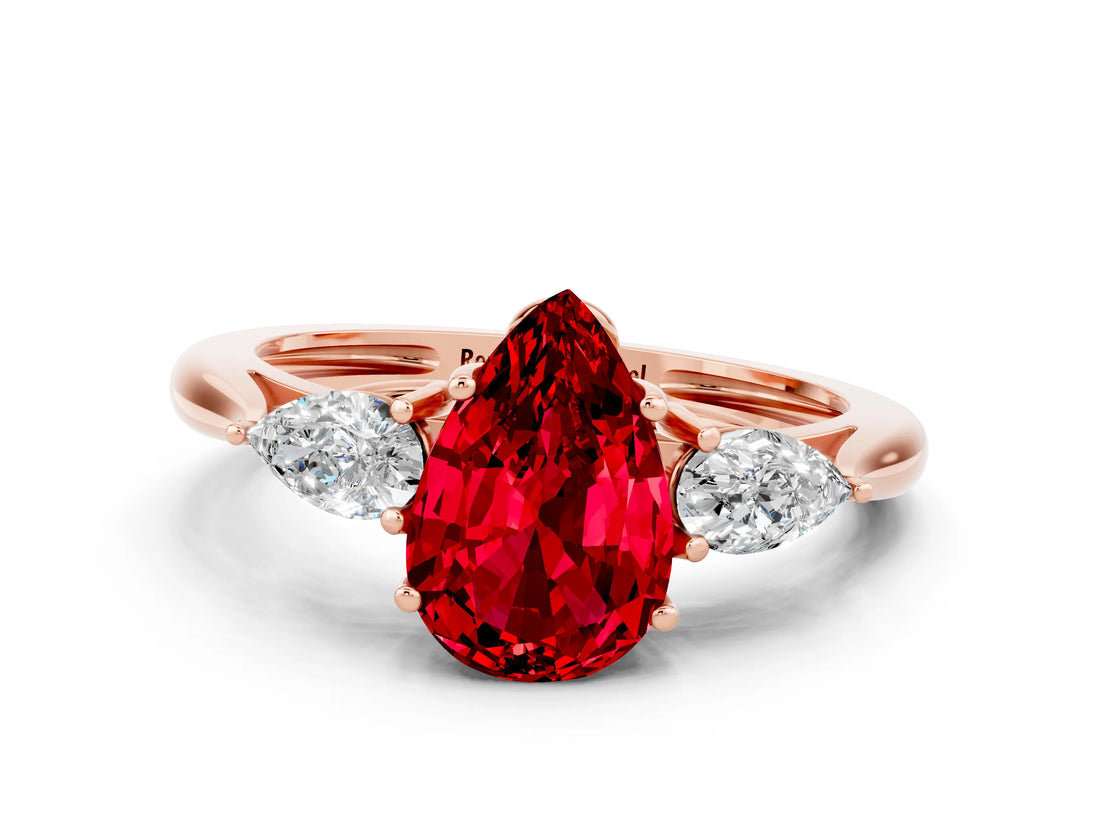 Rose gold Three-Stone Pear Cut Ruby Ring with Pear  Side Stones in Four-Prong Setting_12