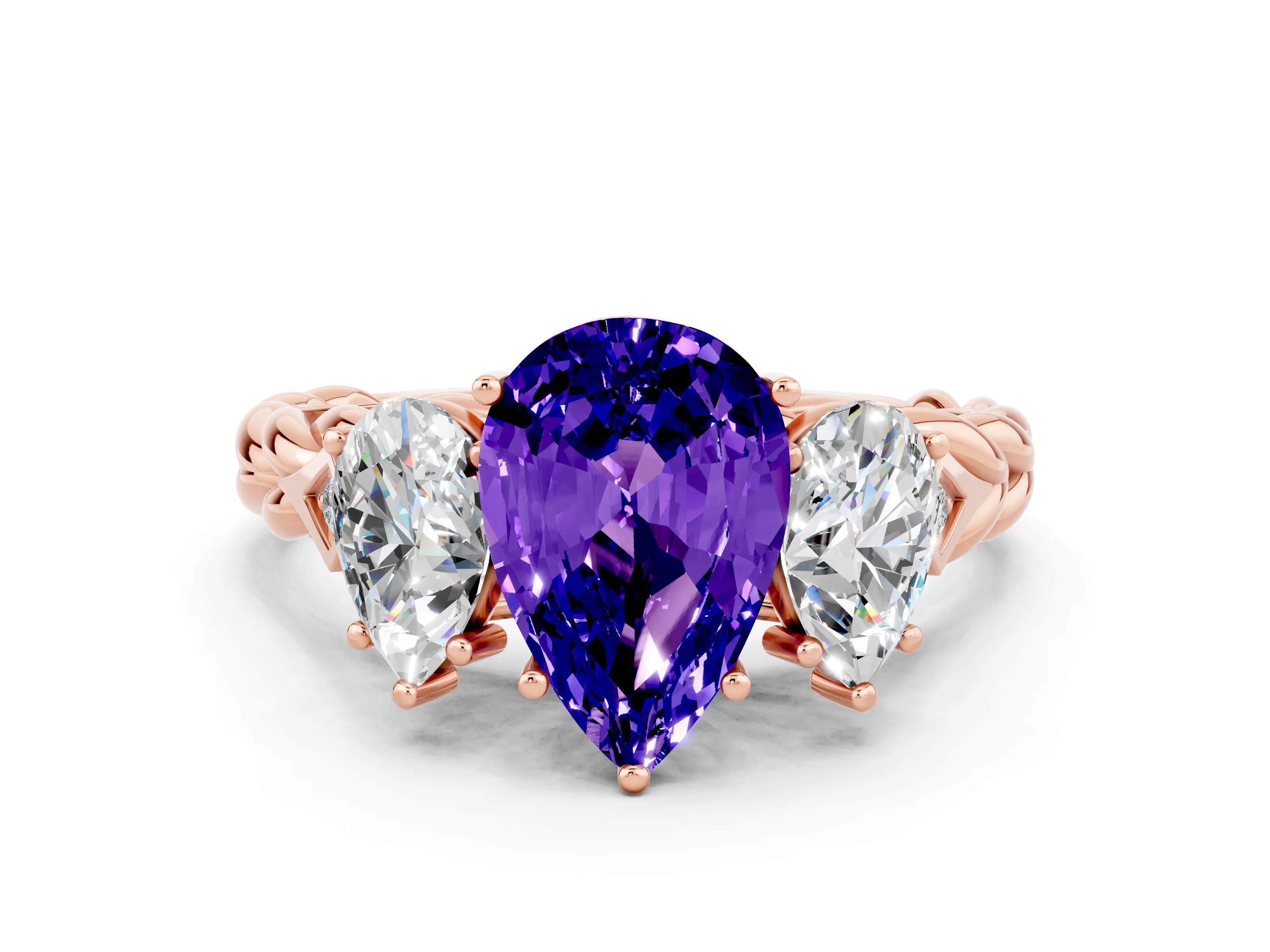 Rose gold Three-Stone Pear Cut Tanzanite Braided Band Ring with Four-Prong Setting_12