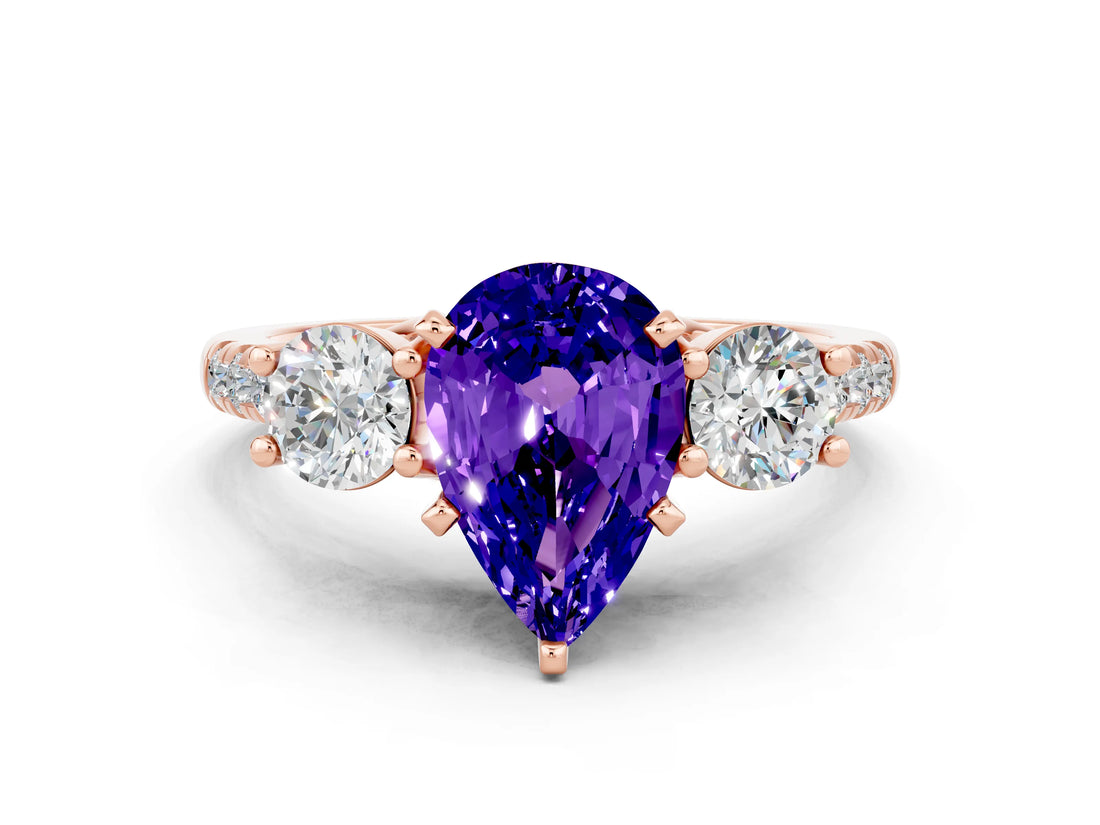 Rose gold Three-Stone Pear Cut Tanzanite Pavé Band with Four-Prong Setting