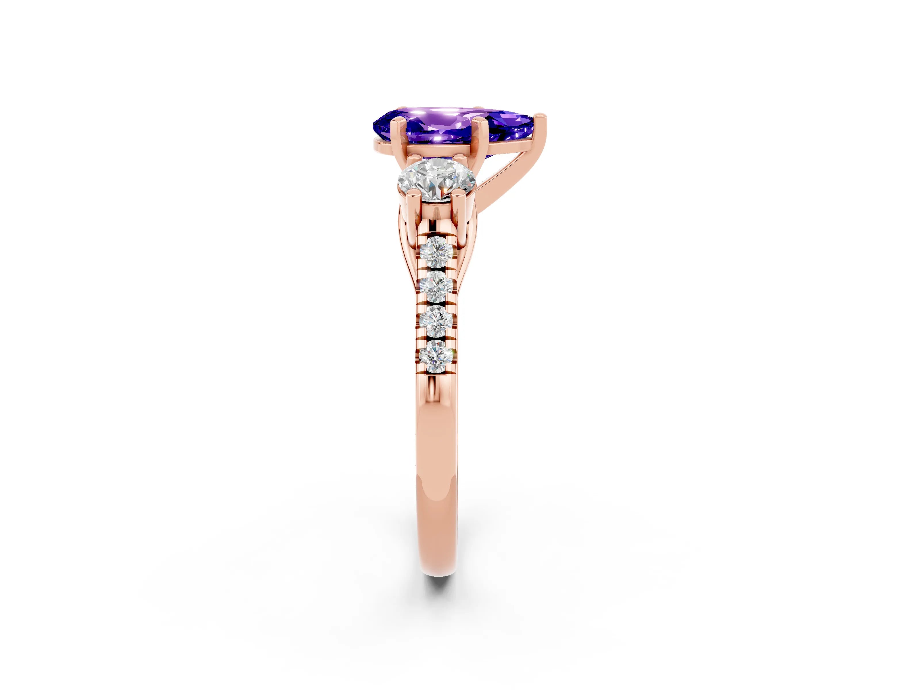 Rose gold Three-Stone Pear Cut Tanzanite Pavé Band with Four-Prong Setting_2