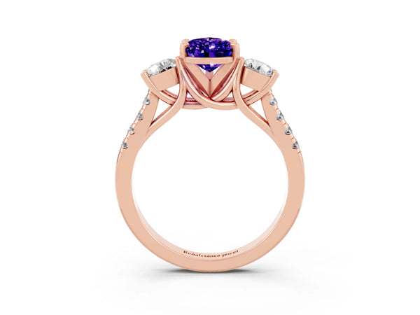 Rose gold Three-Stone Pear Cut Tanzanite Pavé Band with Four-Prong Setting