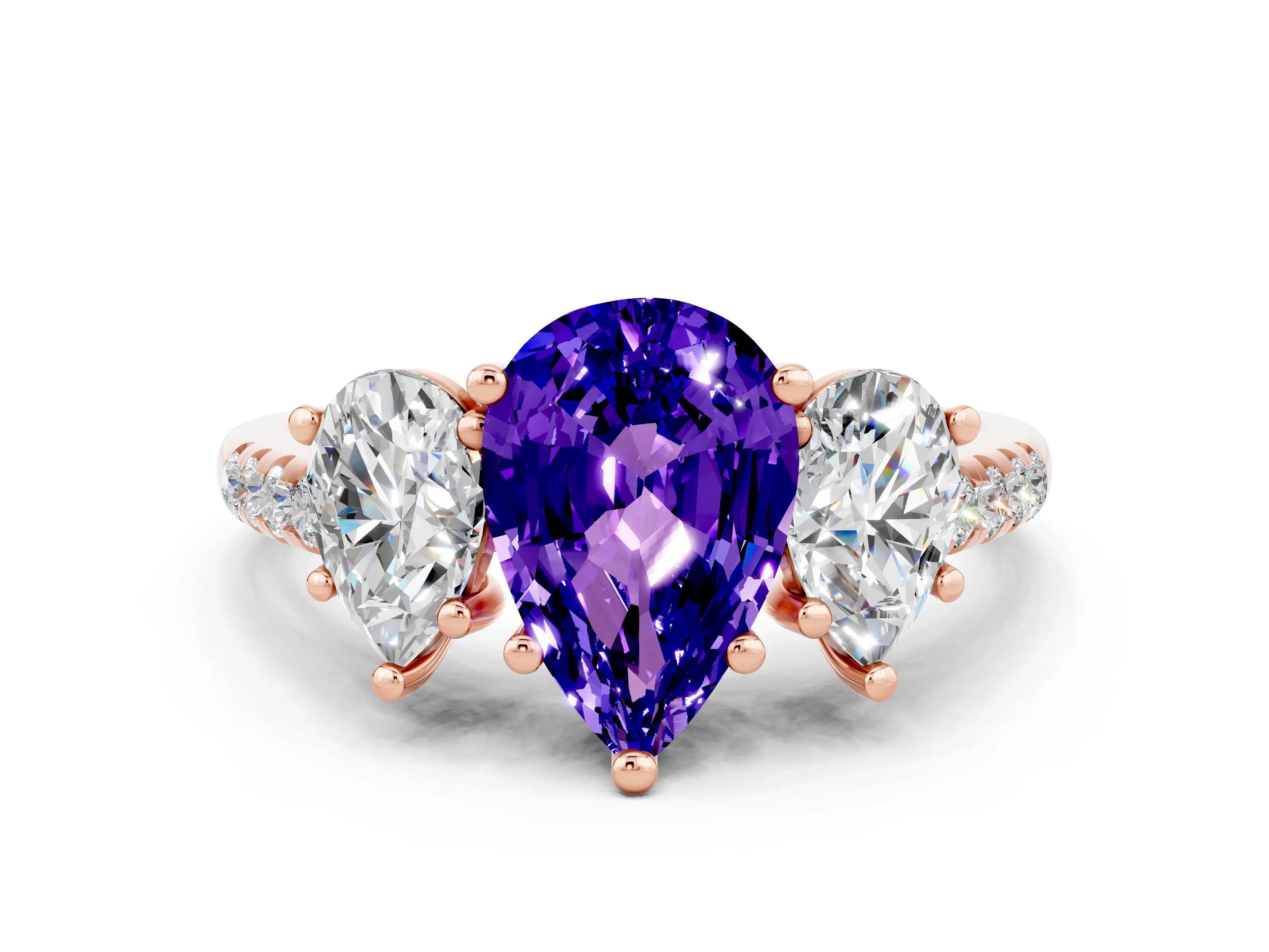 Rose gold Three-Stone Pear Cut Tanzanite Ring with Pavé Band and Prong Setting_12