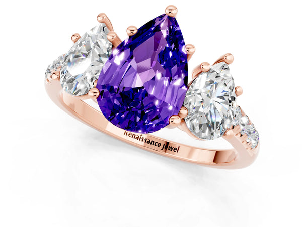Rose gold Three-Stone Pear Cut Tanzanite Ring with Round  Pavé Band and Prong Setting