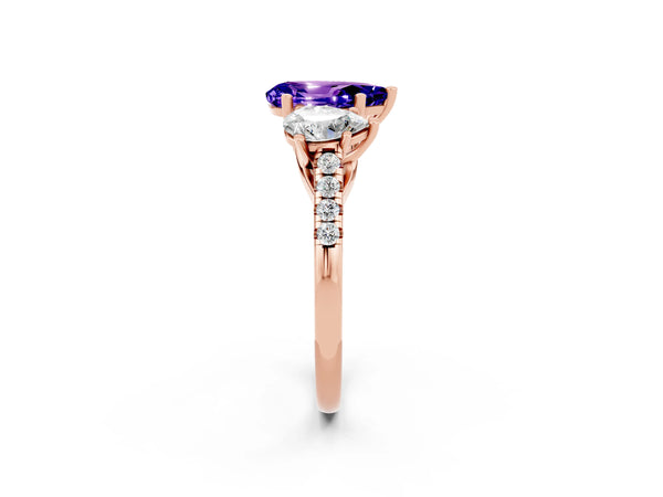 Rose gold Three-Stone Pear Cut Tanzanite Ring with Round  Pavé Band and Prong Setting