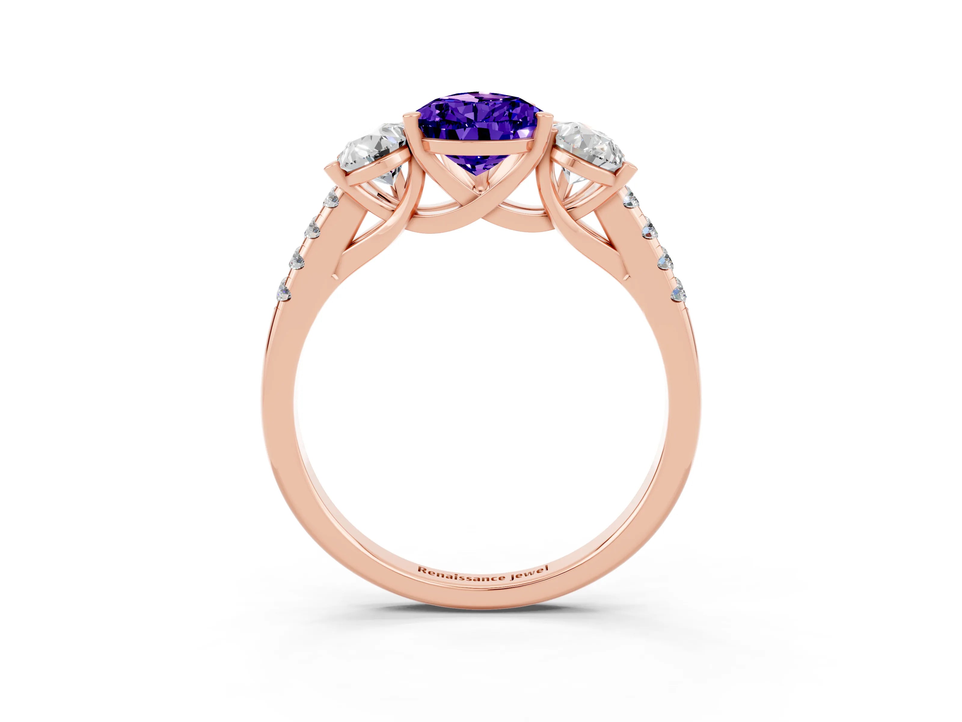 Rose gold Three-Stone Pear Cut Tanzanite Ring with Pavé Band and Prong Setting_15