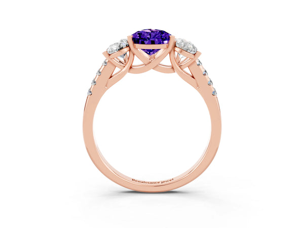 Rose gold Three-Stone Pear Cut Tanzanite Ring with Round  Pavé Band and Prong Setting