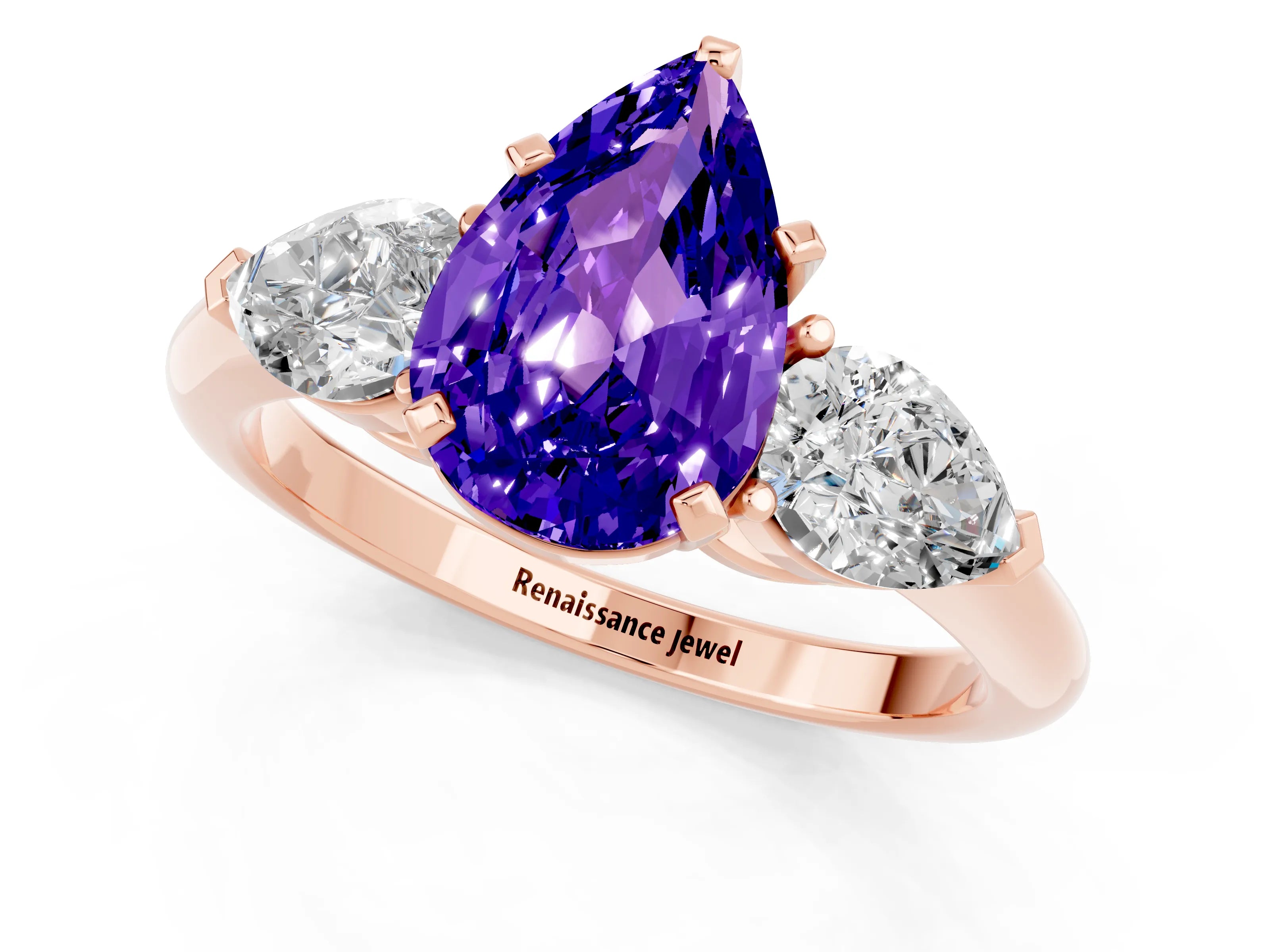 Rose gold Three-Stone Pear Cut Tanzanite Ring with Pear Side Stones and Four-Prong Setting_1