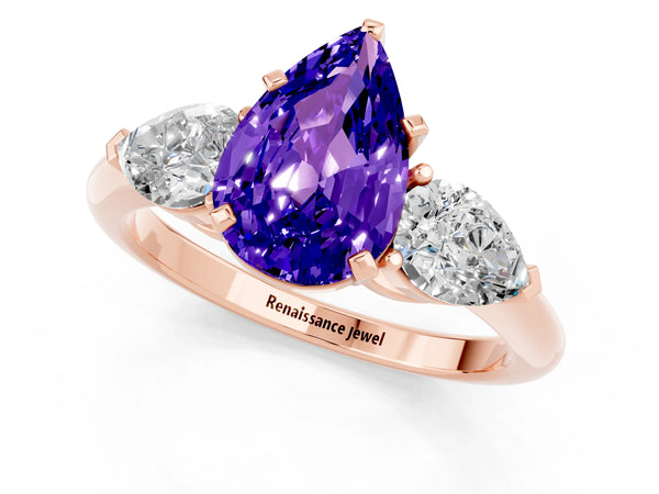 Rose gold Three-Stone Pear Cut Tanzanite Ring with Pear Side Stones and Four-Prong Setting