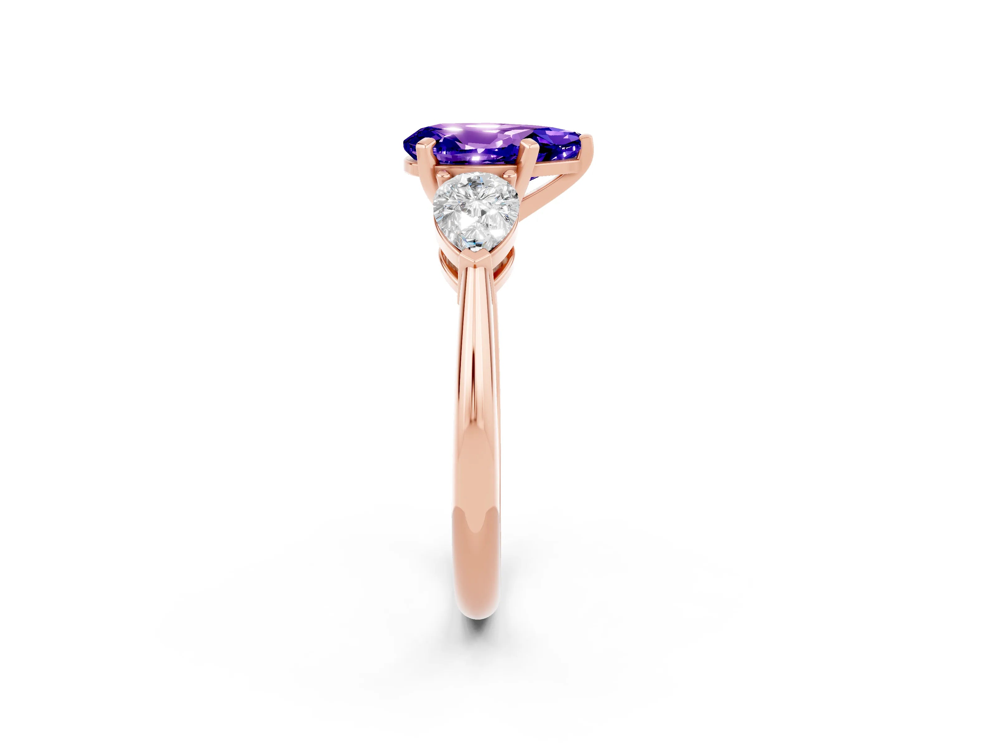 Rose gold Three-Stone Pear Cut Tanzanite Ring with Pear Side Stones and Four-Prong Setting_2