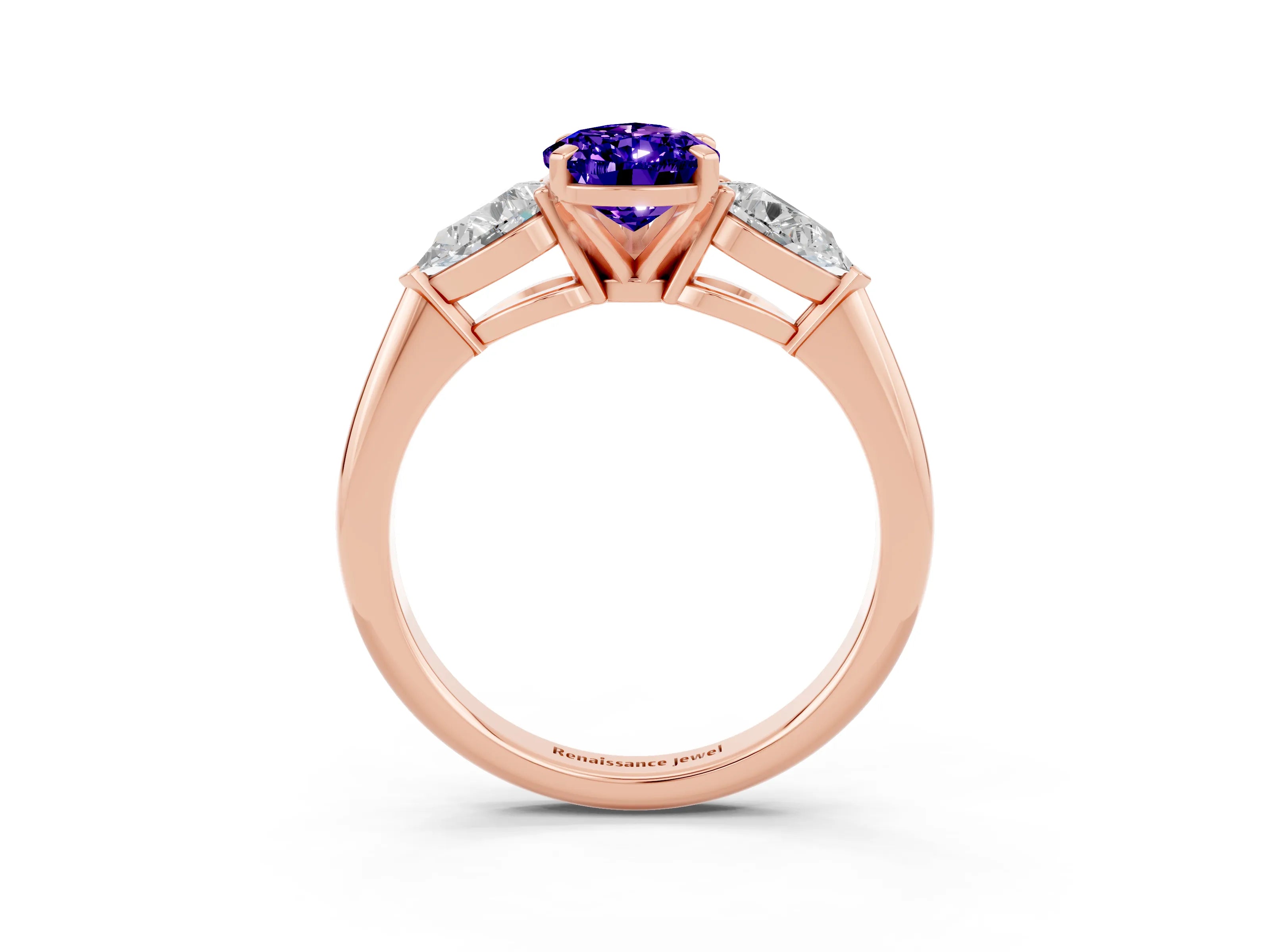 Rose gold Three-Stone Pear Cut Tanzanite Ring with Pear Side Stones and Four-Prong Setting_3