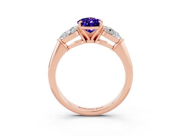 Rose gold Three-Stone Pear Cut Tanzanite Ring with Pear Side Stones and Four-Prong Setting