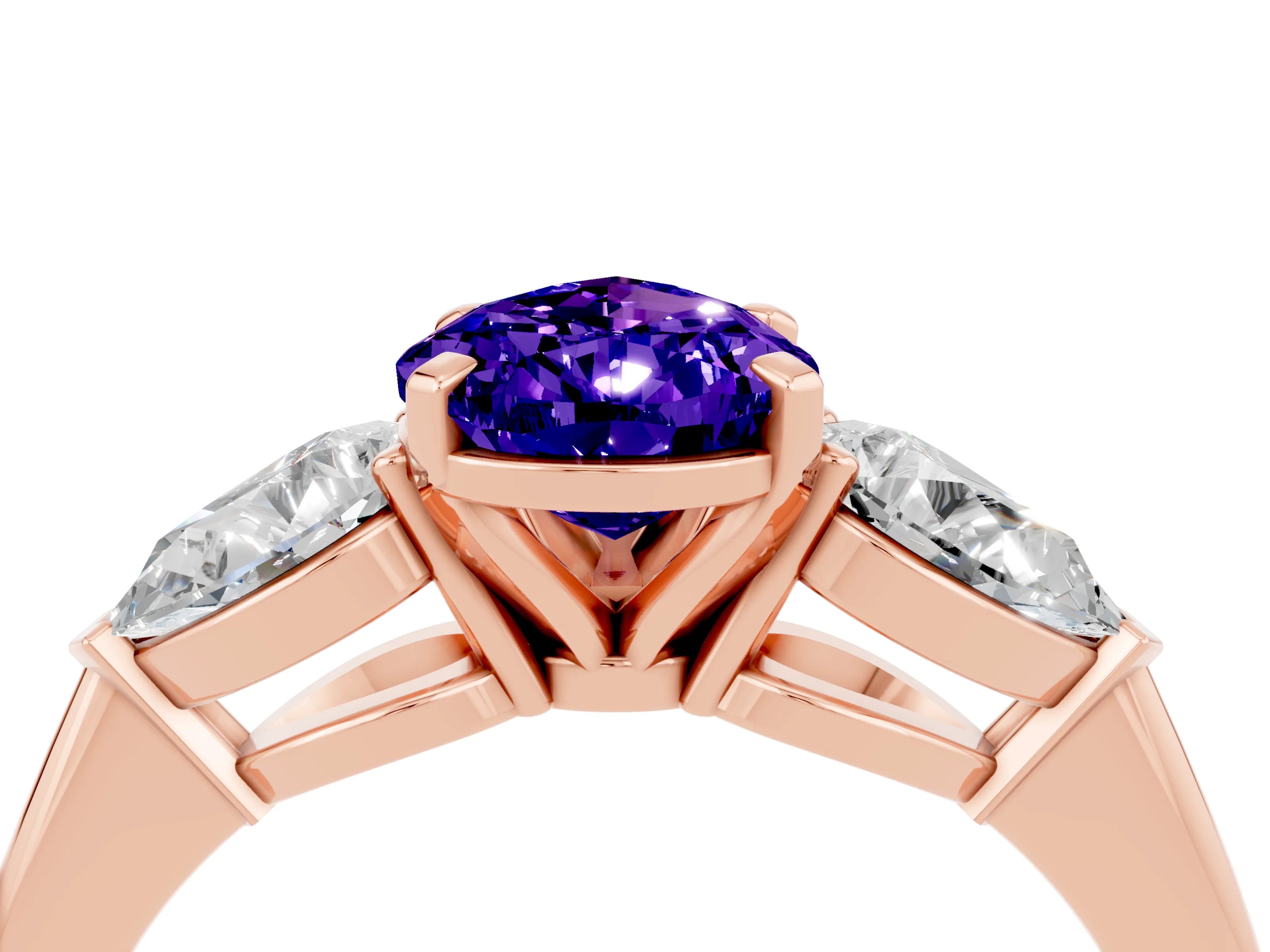 Rose gold Three-Stone Pear Cut Tanzanite Ring with Pear Side Stones and Four-Prong Setting_4