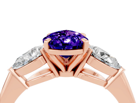 Rose gold Three-Stone Pear Cut Tanzanite Ring with Pear Side Stones and Four-Prong Setting_4