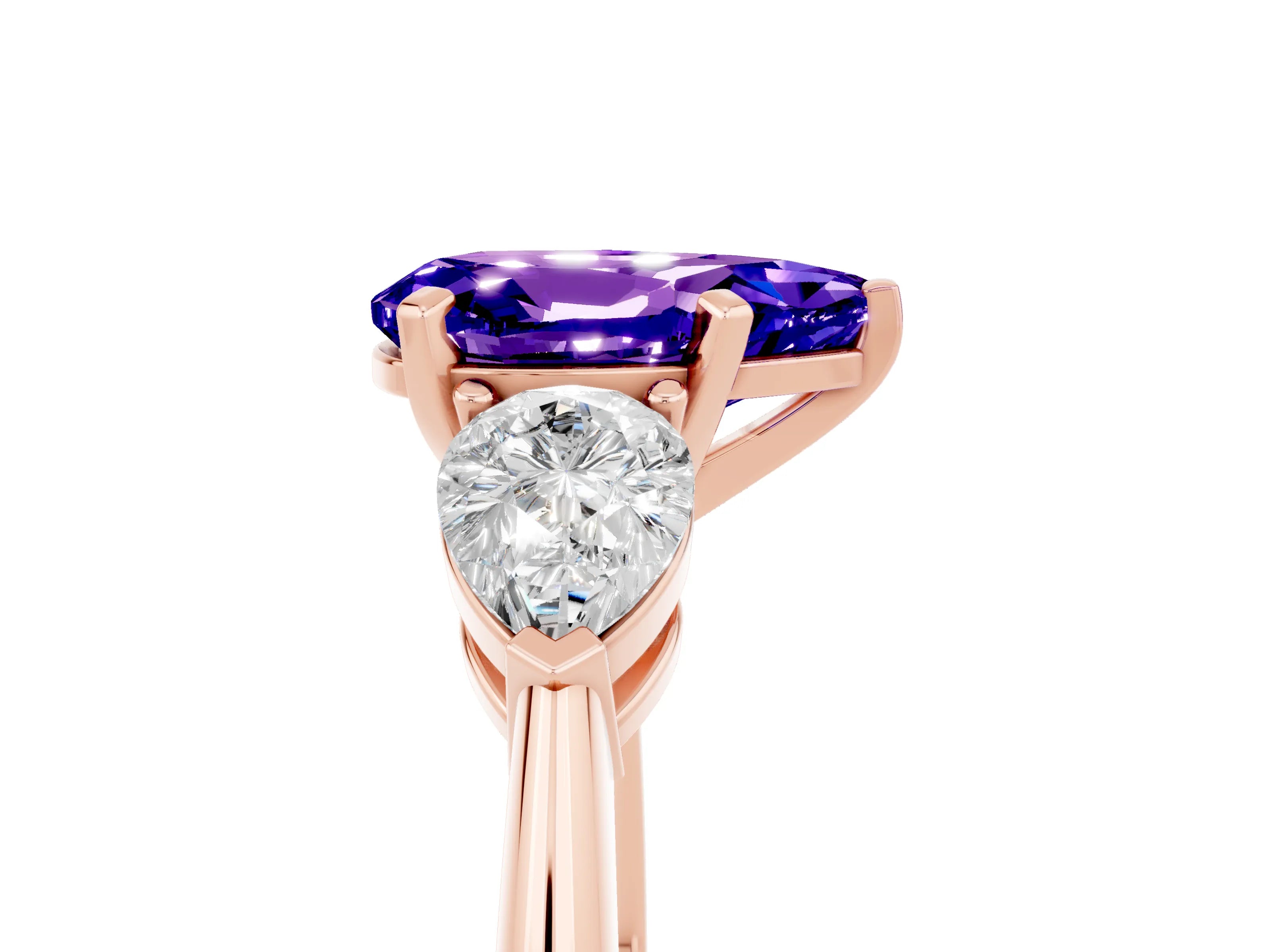 Rose gold Three-Stone Pear Cut Tanzanite Ring with Pear Side Stones and Four-Prong Setting_5