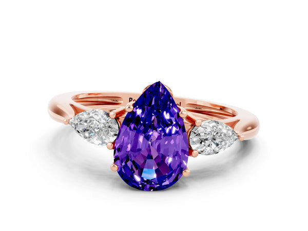 Rose gold Three-Stone Pear Cut Tanzanite Ring with Pear  Side Stones in Four-Prong Setting